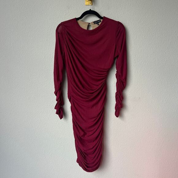 JLuxLabel Burgundy Ruched Long Sleeve Bodycon Dress Size S - Picture 2 of 6